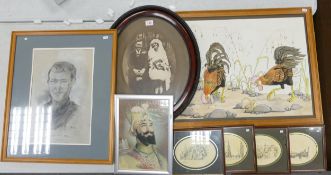 Eight framed artworks to include one pastel portrait, naive watercolour depciting chickens and one