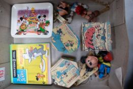 A collection of Cartoon & Disney Related items including Puppets, Wooden Boxes, 8mm Film etc