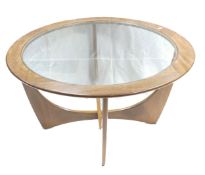 Mid-Century G-Plan Teak Astro Coffee Table, Glass Inset Top on U-shaped Stretcher Diameter: 84cm x