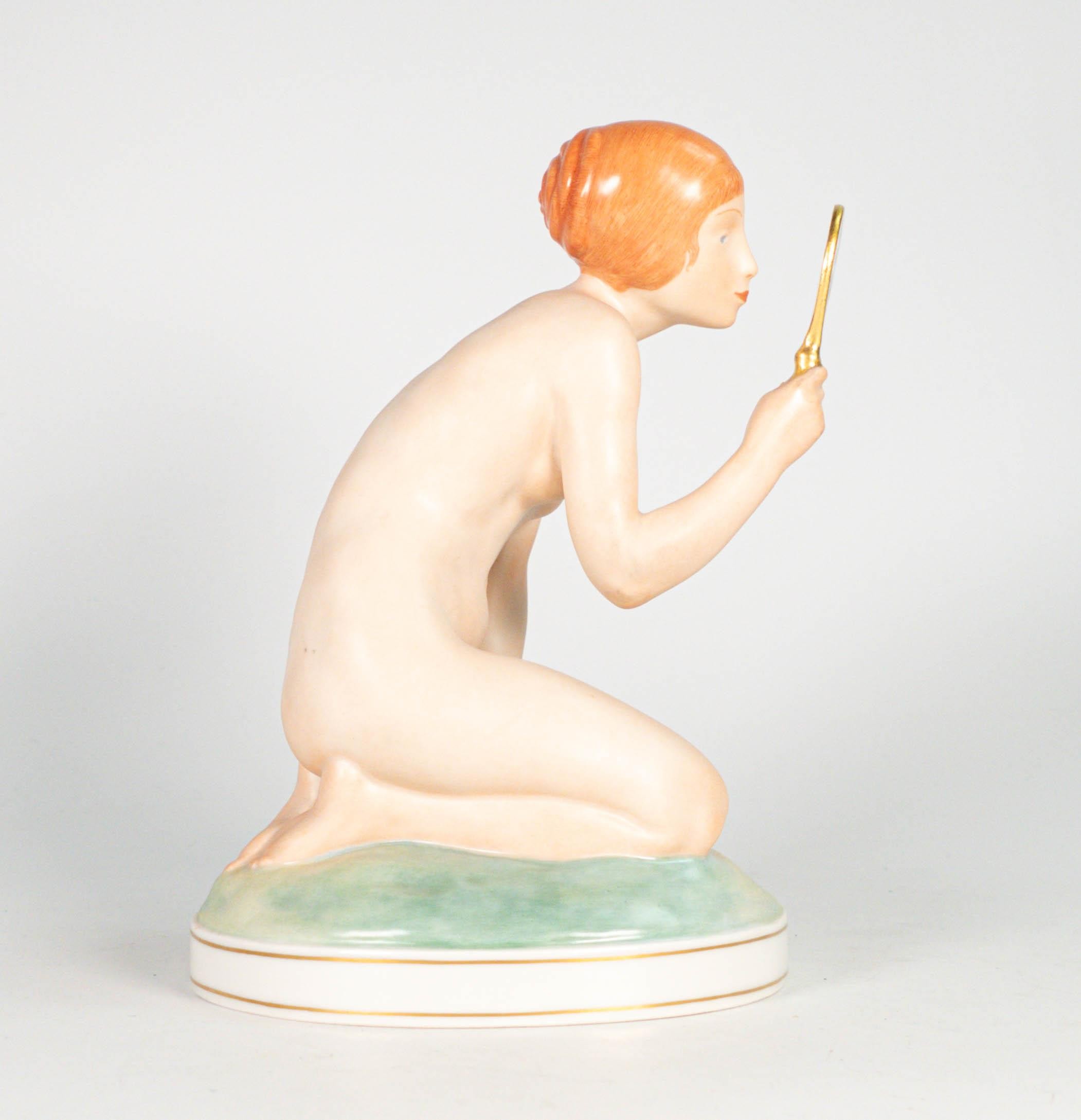 Royal Copenhagen Gerhard Henning figure modelled as a kneeling female nude holding a mirror to her - Image 2 of 3
