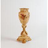 Royal Worcester gilded blush floral decorated urn on stand, model 1639 with puce marks, h.22.5cm.