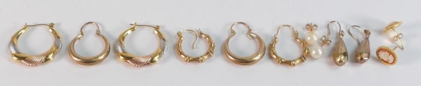 6 x pairs of 9ct gold earrings, gross weight 6.99g including any stones. Either hallmarked,