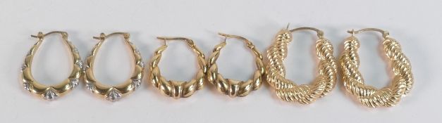 3 x pairs of 9ct gold earrings, gross weight 5.63g including any stones. Either hallmarked,