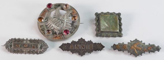 Five Victorian silver Brooches - 3 oblong shaped brooches all hallmarked and with gold decoration to
