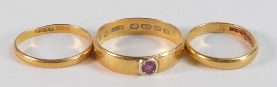 3 x 22ct gold wedding rings/ bands, weight 8.18g. One set with small stone. All fully hallmarked,