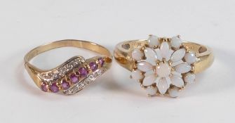 9ct gold & opal cluster ring size Q, together with 9ct ruby & diamond ring size Q, both