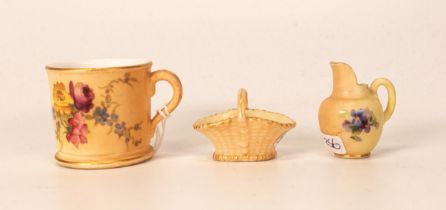 Three Royal Worcester Blush Ivory Miniatures including Ewer, posy basket & cup, tallest 4cm (3)