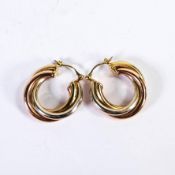 Pair 9ct gold triple hoop three colour gold earrings, 4.4g.