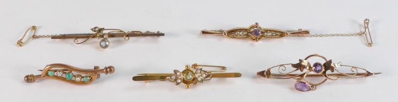 5 x 9ct gold antique brooches, some minor repairs, all hallmarked or marked 9ct, gross weight 11.85g