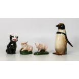 Royal Doulton penguin HN134, Lucky the cat K12 and two piglets HN2649 ( hairline to base ) and