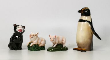 Royal Doulton penguin HN134, Lucky the cat K12 and two piglets HN2649 ( hairline to base ) and