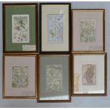 Six 19th century antique prints / maps including - Fawkham, Kent, Cockham, Alnwich, Farningham &
