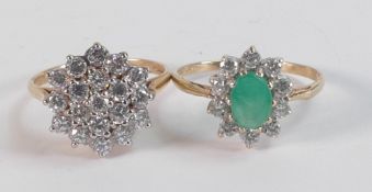 Two x 9ct gold dress rings - White stone cluster size M, & green & white stone cluster size O, gross
