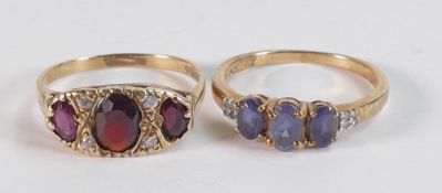 Two 9ct gold hallmarked dress rings - Garnet & white stone ring size R, weight 2.56g, together