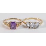 9ct gold amethyst set ring size R, together with 9ct aquamarine ring size T/U, both hallmarked,
