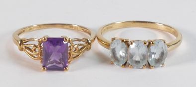 9ct gold amethyst set ring size R, together with 9ct aquamarine ring size T/U, both hallmarked,