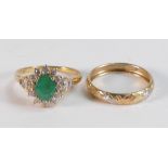 9ct gold Emerald & white zircon ring size R, together with 9ct band / ring size R/S, both