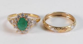 9ct gold Emerald & white zircon ring size R, together with 9ct band / ring size R/S, both