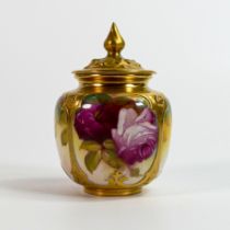 Royal Worcester gilded vase & cover, painted with roses by M Hunt, puce factory mark. Some wear to
