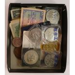 A collection of coins and banknotes, including commemorative coins, Malta & US bank notes etc