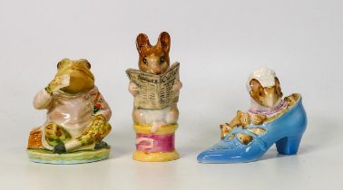 Beswick Beatrix potter figures to include mr Jeremy Fisher, Tailor of Gloucester and Old woman who
