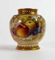 Royal Worcester small gilded vase, painted with fruit by Ricketts, puce factory mark, h.10cm.