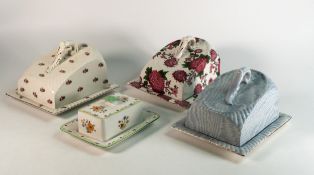 Three Shelley lidded cheese dishes, patterns grey moire antique, rosebud, Jacobean together with