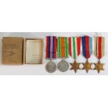 WWII medal group with box and paperwork. Defence medal, 39 - 45 medal, plus Africa, Italy & 39-45