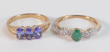 9ct gold Emerald & white zircon ring size R/S, together with 9ct tanzanite ring size Q, both