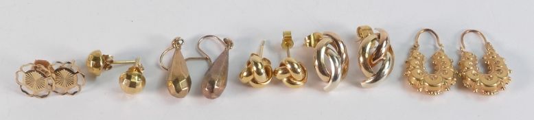 6 x pairs of 9ct gold earrings, gross weight 7.23g including any stones. Either hallmarked,