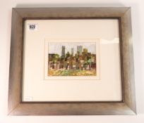 David Alderman - Watercolour of a Manchester skyline, 12cm x 16cm (overall size 38cm x 43cm)