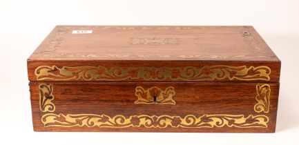 Rosewood and brass inlaid Regency period writing box / slope, some splitting to one side. 40.5cm x