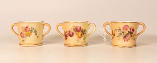 Three Royal Worcester Blush Ivory Miniature Two Handled Cups, tallest 4cm(3)