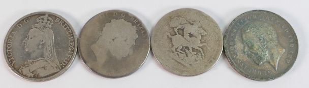 Four UK silver crown coins - 2 x George III, 1 x Victoria (all sterling .925 silver), and George V