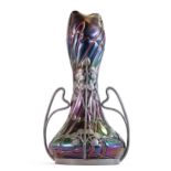 Bohemian Art Nouveau pewter mounted Iridescent Art Glass vase, attributed to Loetz but unsigned,