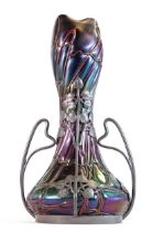 Bohemian Art Nouveau pewter mounted Iridescent Art Glass vase, attributed to Loetz but unsigned,