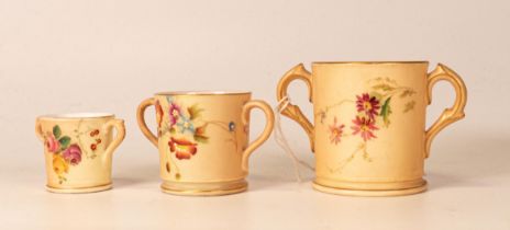 Graduated Royal Worcester Blush Ivory Miniature Two Handled Cups, tallest 6cm(3)
