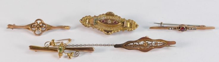 5 x 9ct gold antique brooches, some minor repairs, all hallmarked or marked 9ct, gross weight 11.02g