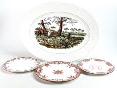 Large Wedgwood platter decorated with hunting scene, marked Trial, together with 3 Fred Cholerton