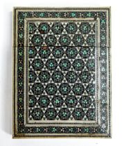 19th century inlaid card case & earlier folding book fire cover, tallest 15cm (2)