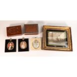Collection, antique fishing print, 3 miniatures (prints) and 2 wooden boxes.