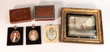 Collection, antique fishing print, 3 miniatures (prints) and 2 wooden boxes.