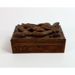 Early 20th century wood box, carved all around with dragons, small piece of carving missing top left