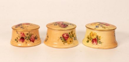 Three Royal Worcester Blush Ivory Miniature Lidded Pots, largest diameter 4.8cm