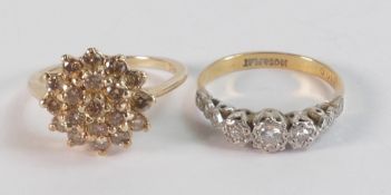 18ct gold diamond 3 stone ring, together with 9ct gold diamond cluster ring, weights 2.28g & 3.