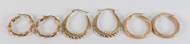 3 x pairs of 9ct gold earrings, gross weight 4.83g including any stones. Either hallmarked,