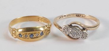 2 x 18ct gold rings - 3 stone diamond ring size O & sapphire & diamond ring size L, gross weight 4.