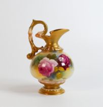Royal Worcester gilded blush ewer decorated with roses, model 209 with puce marks, h.15cm.