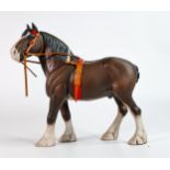 Beswick Clydesdale Shire horse 2465, chocolate brown matt in show harness, reins broken.