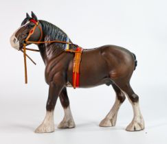 Beswick Clydesdale Shire horse 2465, chocolate brown matt in show harness, reins broken.